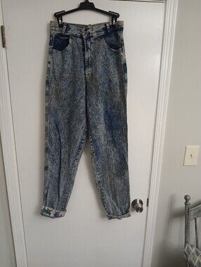 Acid Wash High-Waist Mom Vintage 1980's Peewee Herman Jeans Size 11 - Blue/Cream